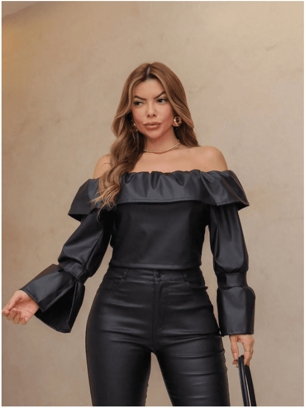 Y250.Blusas curtas de couro PU com ombros de fora ... - ADD MALL