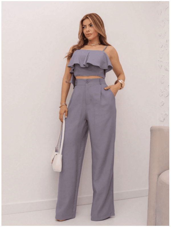 REF: 5281 conjunto de calça e cropped Cinza feminino e calça Simples Casual Plissado Bolso Em camadas 