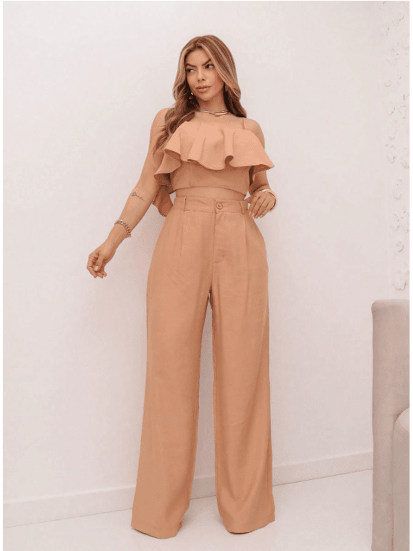 REF: 5281 conjunto de calça e cropped Bege feminino e calça Simples Casual Plissado Bolso Em camadas 