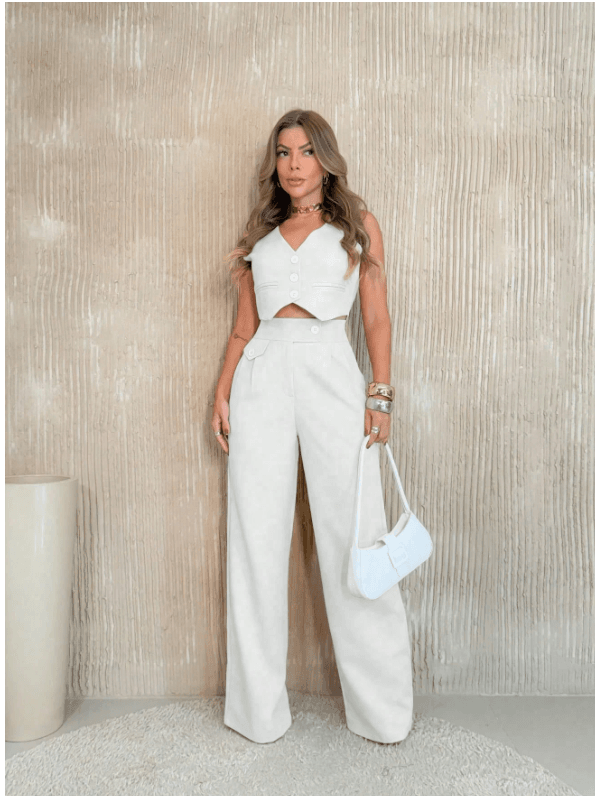REF: Y252 Terno Casual Feminino branco de Duas Peças, Colete com Botões Frontais 
