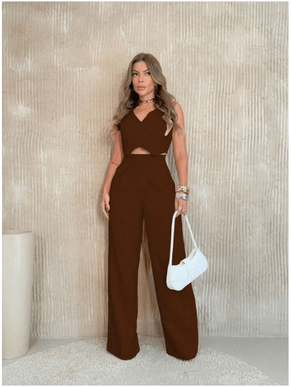 REF: Y252 Terno Casual Feminino Chocolate de Duas Peças, Colete com Botões Frontais 