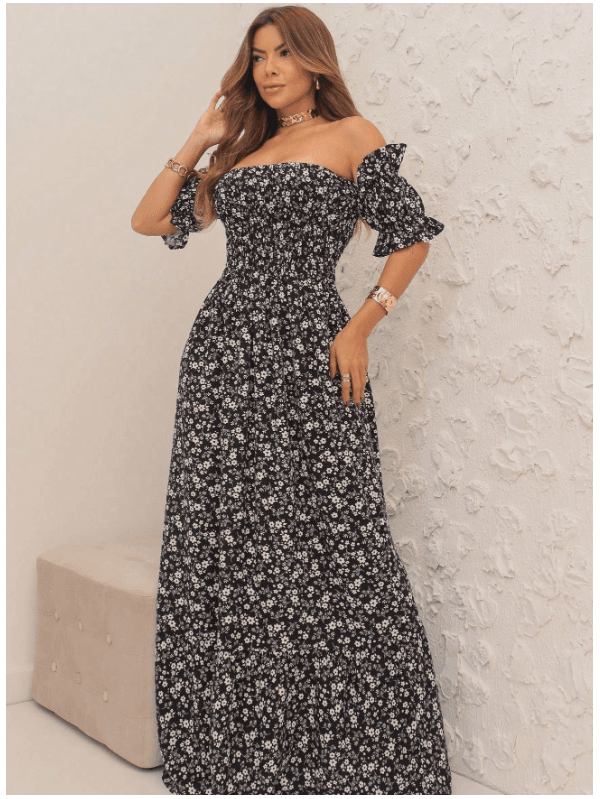 REF: H983 – Vestido longo feminino, estampa floral, decote canoa 