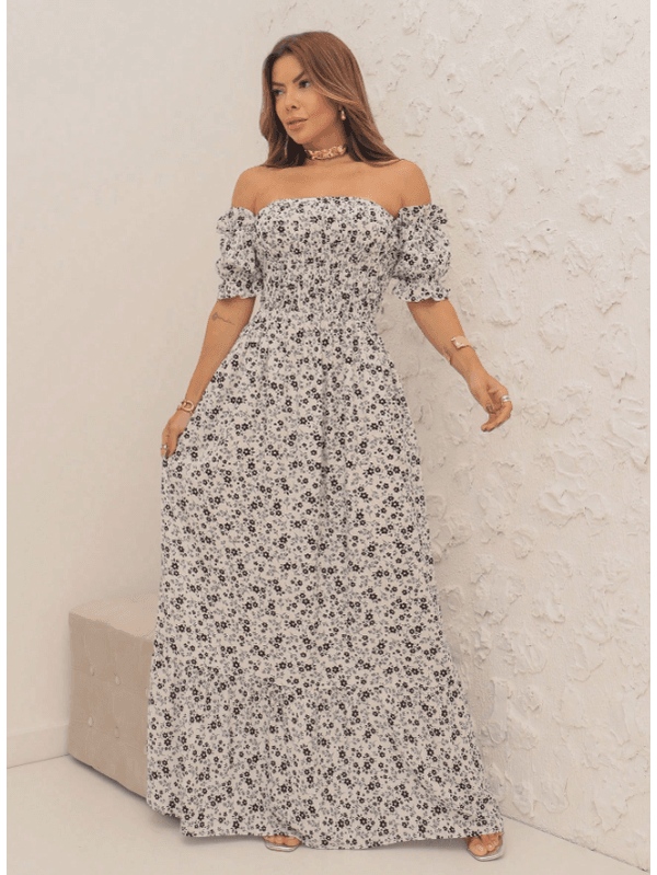 REF: H983 – Vestido longo feminino branco, estampa... - ADD MALL