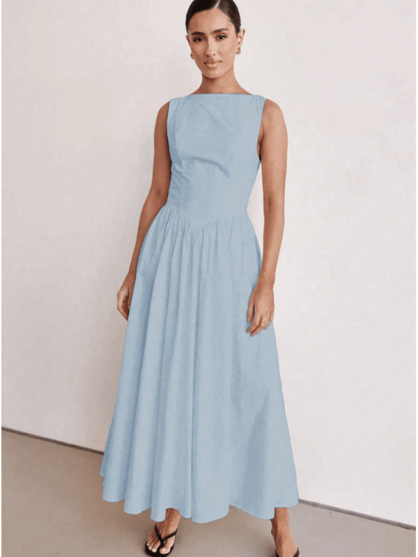 Vestido Longo Feminino, Vestido Sem Mangas, Decote Redondo, Cintura Alta, Azul bebê