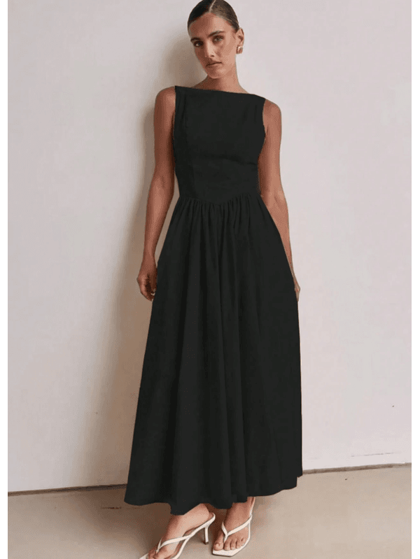 Vestido Longo Feminino, Vestido Sem Mangas, Decote Redondo, Cintura Alta, Preto
