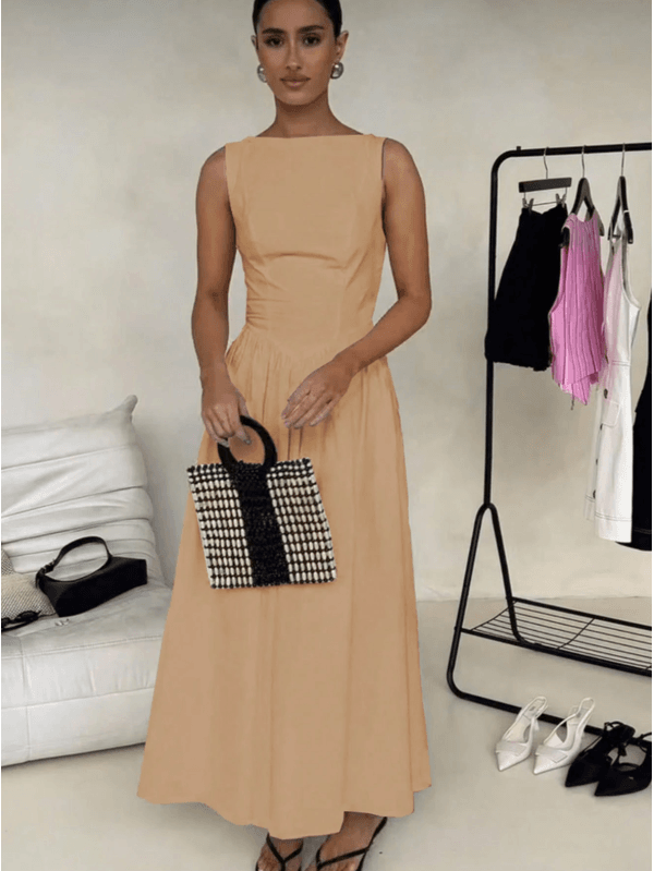 Vestido Longo Feminino, Vestido Sem Mangas, Decote Redondo, Cintura Alta, Bege