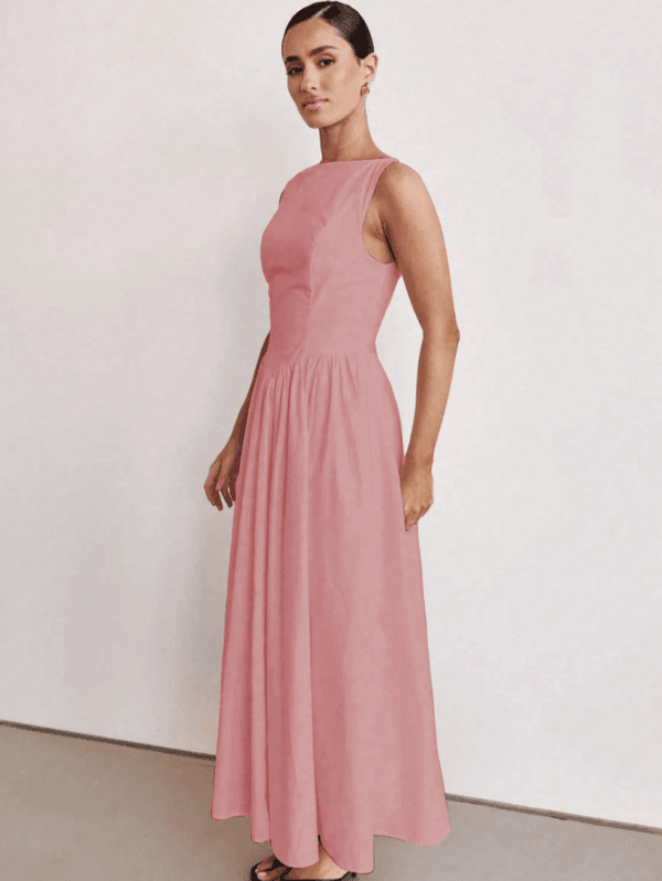 Vestido Longo Feminino, Vestido Sem Mangas, Decote Redondo, Cintura Alta, Rosa Bebê