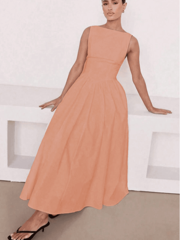 Vestido Longo Feminino, Vestido Sem Mangas, Decote Redondo, Cintura Alta, Laranja