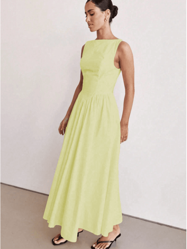 Vestido Longo Feminino, Vestido Sem Mangas, Decote Redondo, Cintura Alta, Amarelo