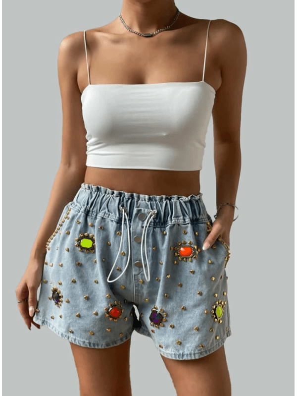 Short Feminino jeans/verão/moda nova/feminino/com contas coloridas/ADD MODA FEMININA Azul