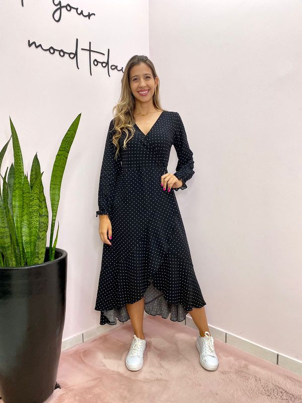 VESTIDO MIDI ENVELOPE MANGA LONGA POA PRETO - 0010... - Comprou Já