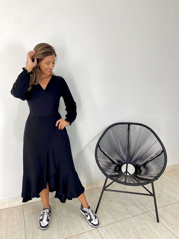 VESTIDO MIDI ENVELOPE MANGA LONGA PRETO LISO - 001... - Comprou Já