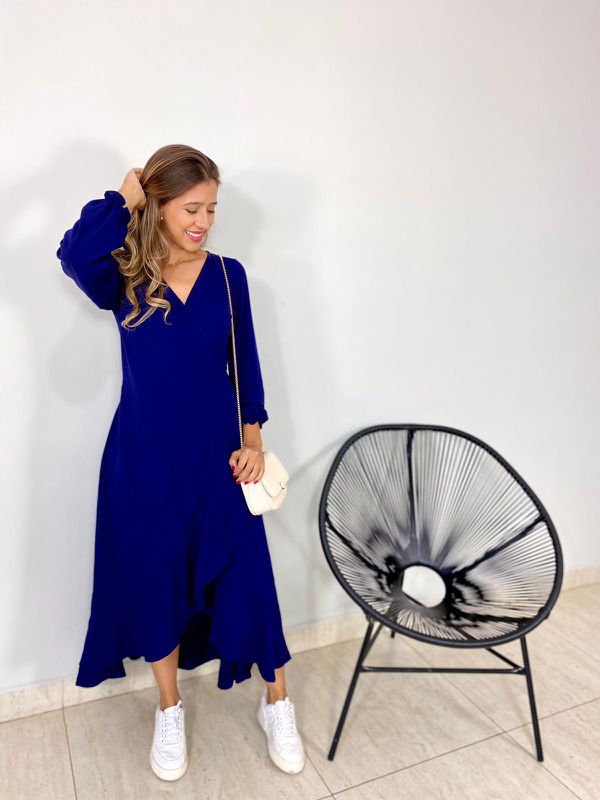 VESTIDO MIDI ENVELOPE MANGA LONGA AZUL MARINHO - 0... - Comprou Já