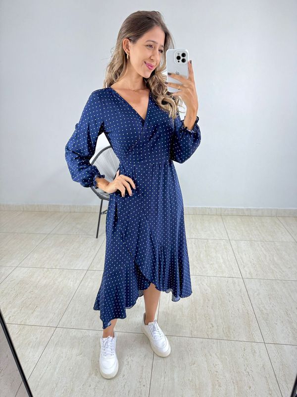 VESTIDO MIDI ENVELOPE MANGA LONGA POA AZUL MARINHO... - Comprou Já