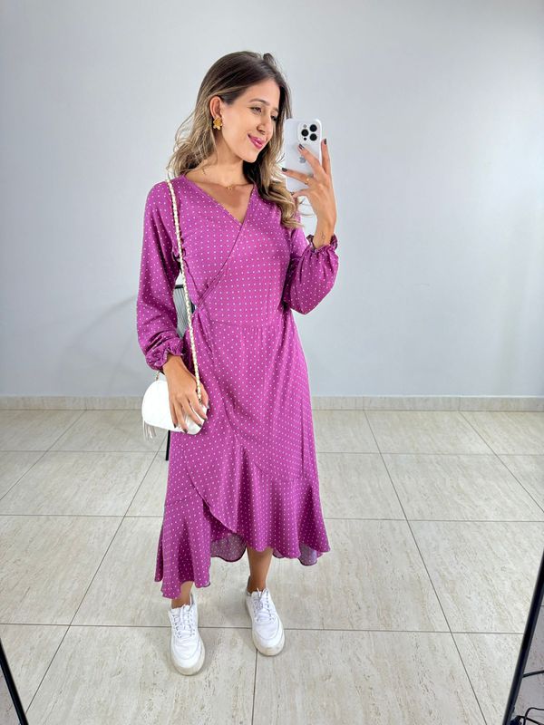 VESTIDO MIDI ENVELOPE MANGA LONGA POA ROXO - 00104... - Comprou Já