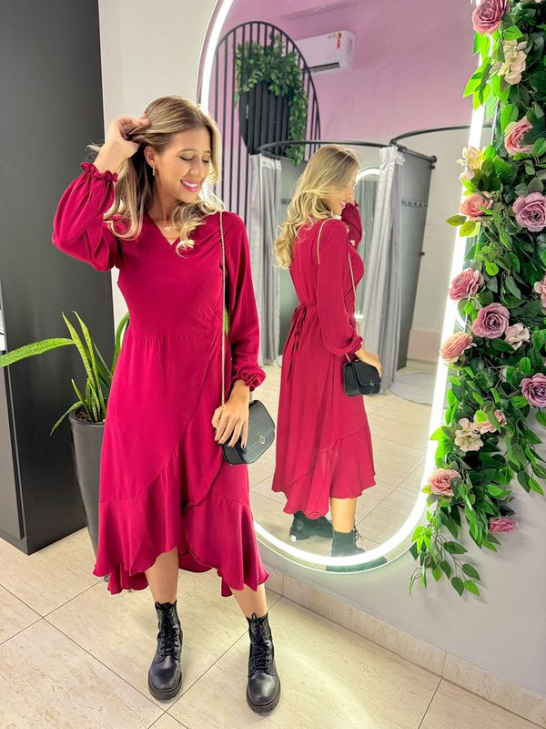 VESTIDO MIDI ENVELOPE MANGA LONGA MARSALA LISO - 0... - Comprou Já