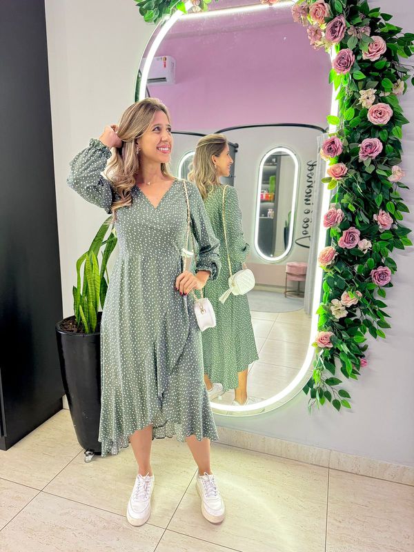 VESTIDO MIDI ENVELOPE MANGA LONGA POA VERDE - 0010... - Comprou Já