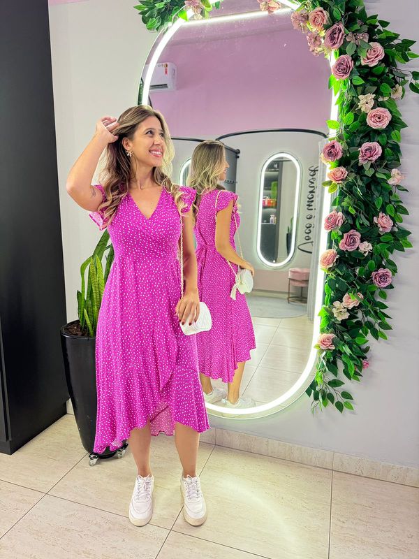 VESTIDO MIDI ENVELOPE MANGA CURTA POA FUCSIA - 001... - Comprou Já