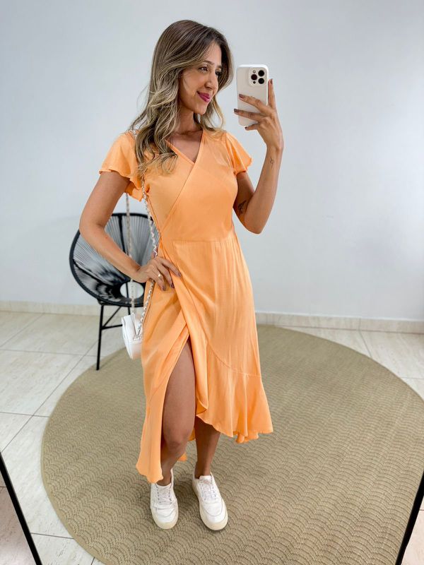 VESTIDO MIDI ENVELOPE MANGA CURTA LARANJA - 001048... - Comprou Já
