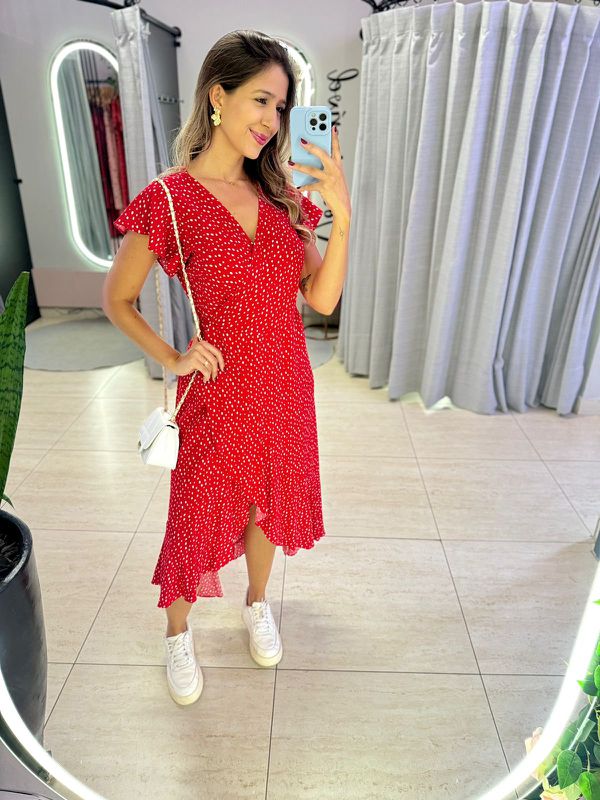 VESTIDO MIDI ENVELOPE MANGA CURTA POA VERMELHO - 0... - Comprou Já