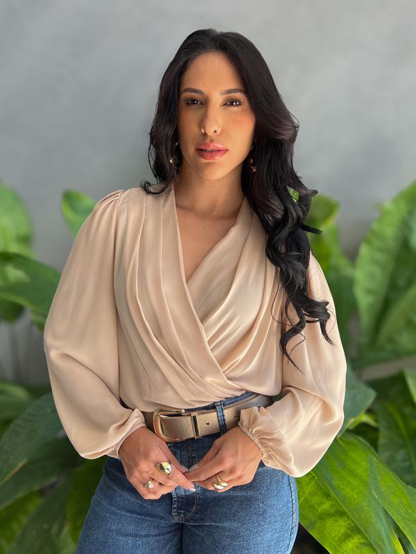 Body Manga Longa em Crepe Gola V BEGE CLARO - 0019... - Comprou Já