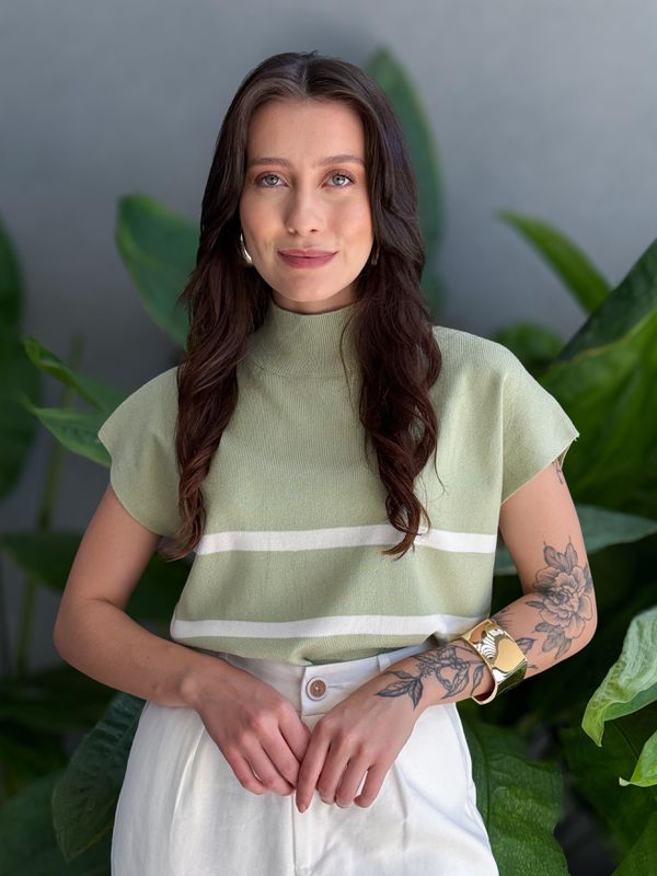 Blusa Marina Em Tricot Listrado Verde Com Branco -... - Comprou Já