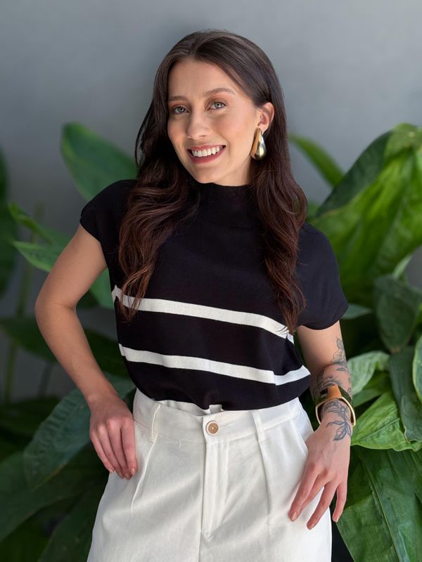 Blusa Marina Em Tricot Listrado Preto Com Branco -... - Comprou Já