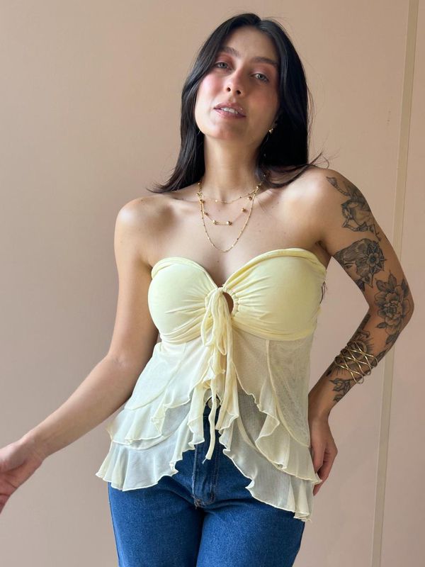 Blusa Bata Sem Alças Em Tule Amarelo Manteiga - 00... - Comprou Já