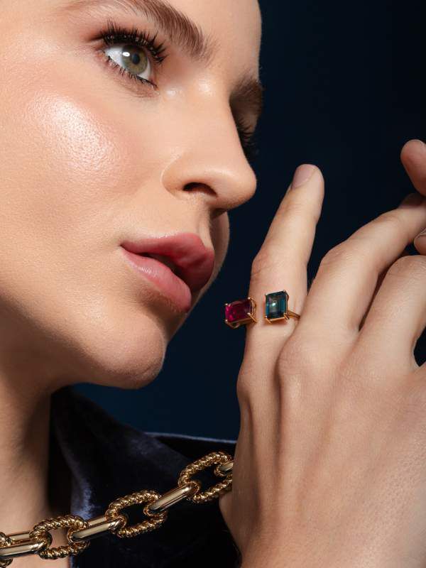 Anel 2 Pedras Turmalina Rosa e T...