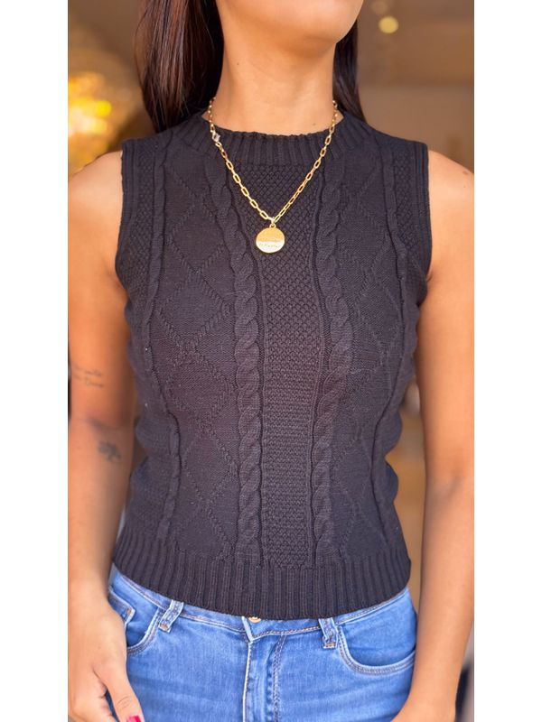 Tricot Feminino com Gola Redonda Detalhe Trançado Lateral Preto