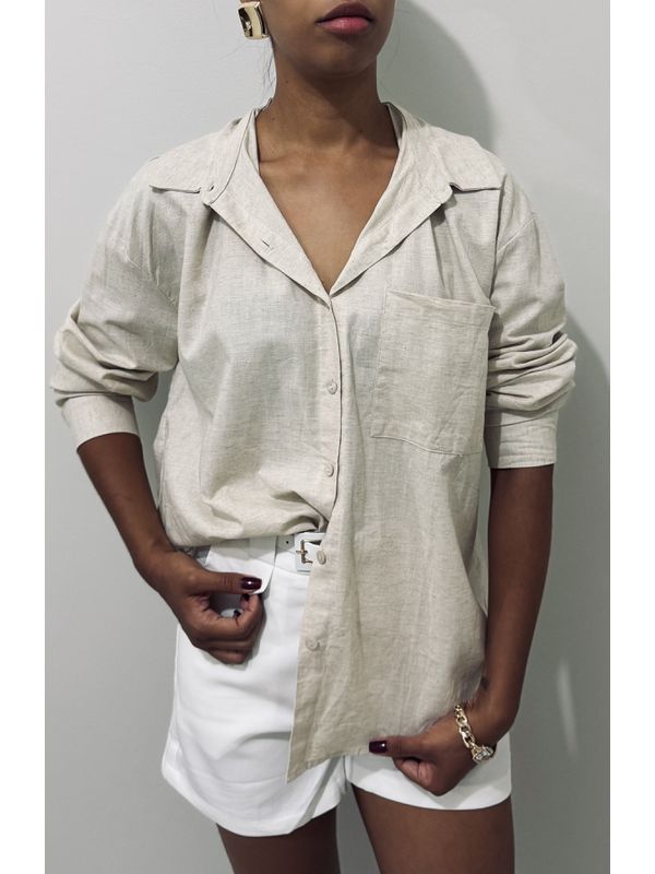 Camisa Feminina em Linho com Algodão - Manga Longa, Cor Bege, Elegância e Conforto