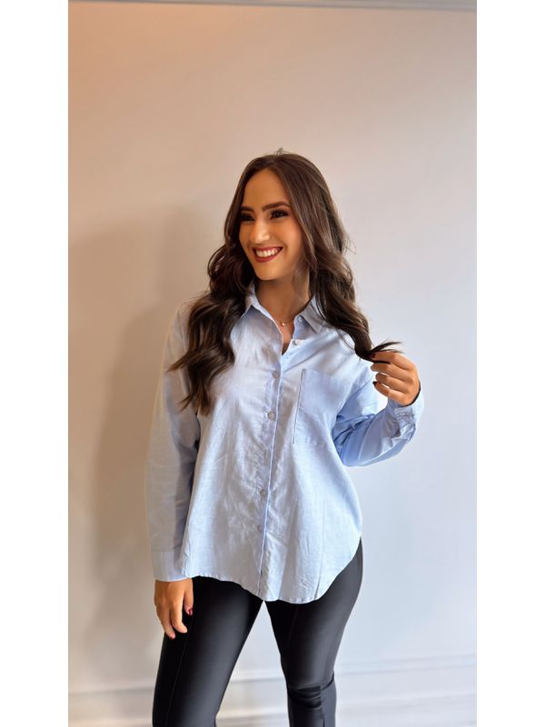 Camisa Feminina em Linho com Algodão- Manga Longa, Cor Azul Bebe, Elegância e Conforto