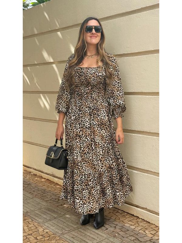 Vestido Alice Manga Longa Onça
