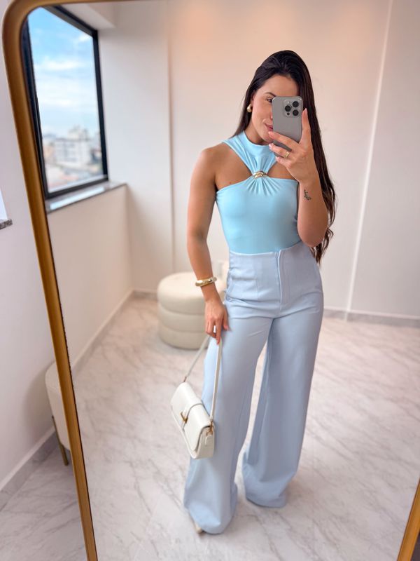 Calça alfaiataria pantalona Poliana Azul