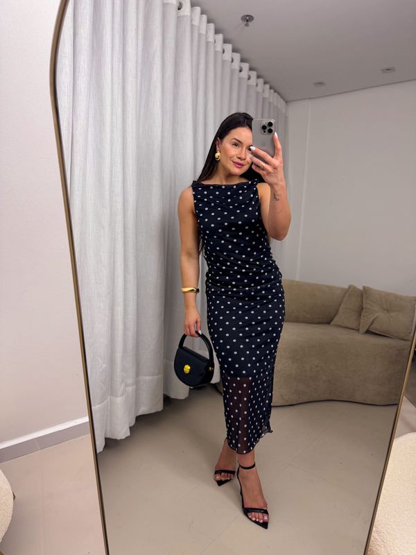 Vestido Poá Laura Fundo Preto