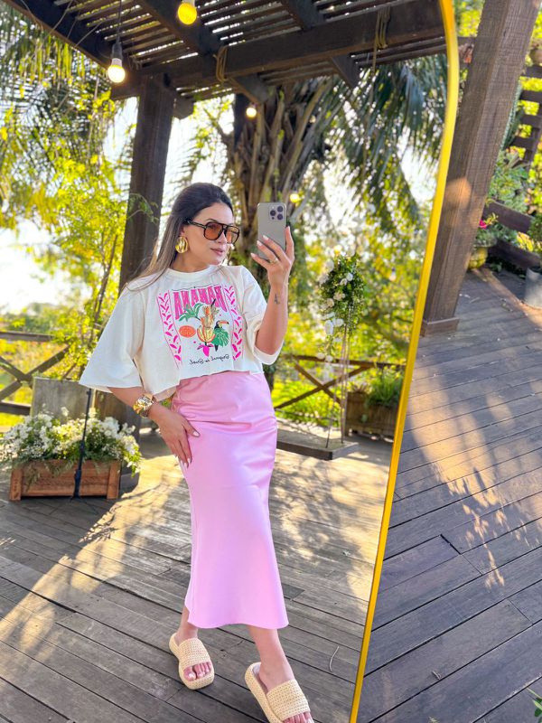 Saia Midi Cetim Liz Rosa