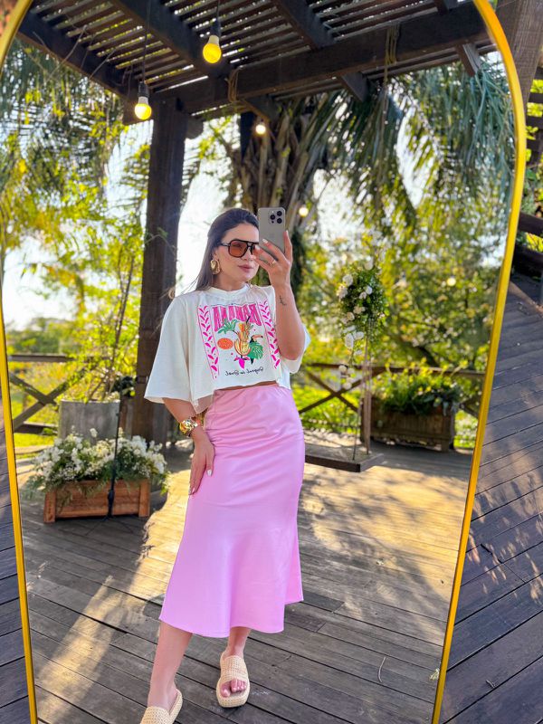 Saia Midi Cetim Liz Rosa
