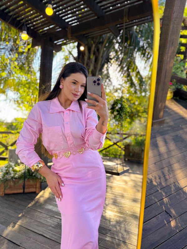 Saia Midi Cetim Liz Rosa