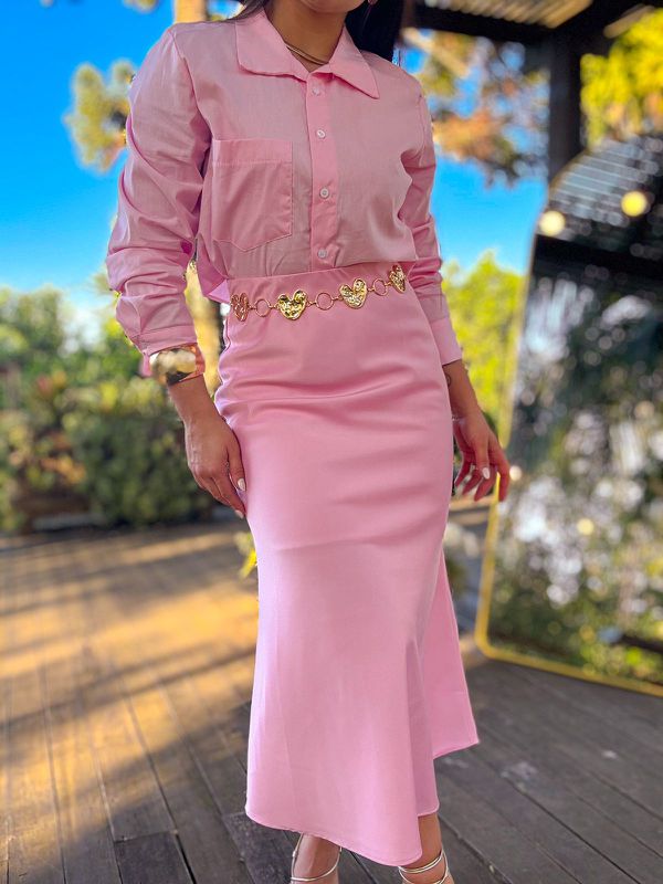 Saia Midi Cetim Liz Rosa