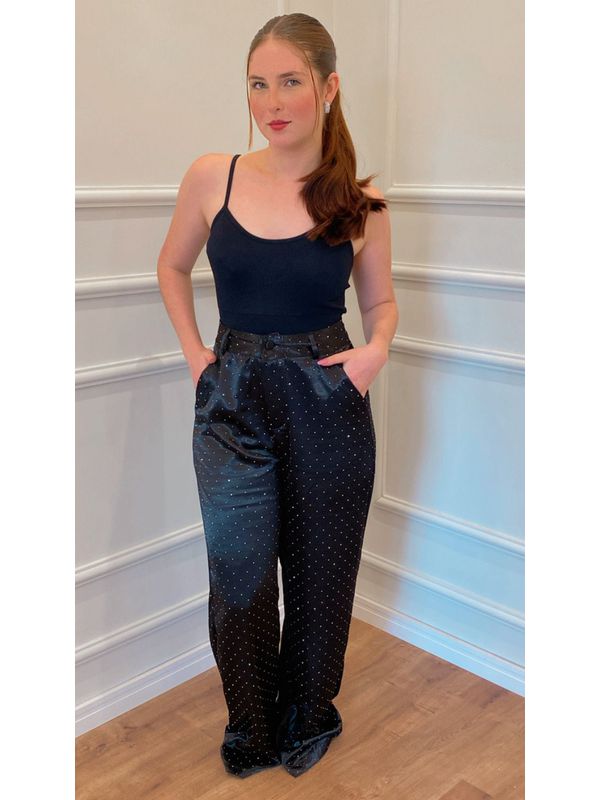 CALÇA FLOR DE MAIO ACETINADA COM BRILHO - PRETO - ... - SIMONE PETRI 