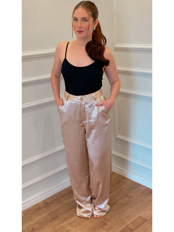 CALÇA FLOR DE MAIO ACETINADA COM BRILHO - ROSE - 0... - SIMONE PETRI 