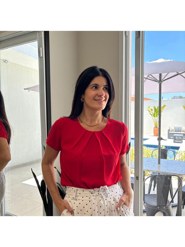 Blusa Feminina Crepe Mangas Prega - Vermelho