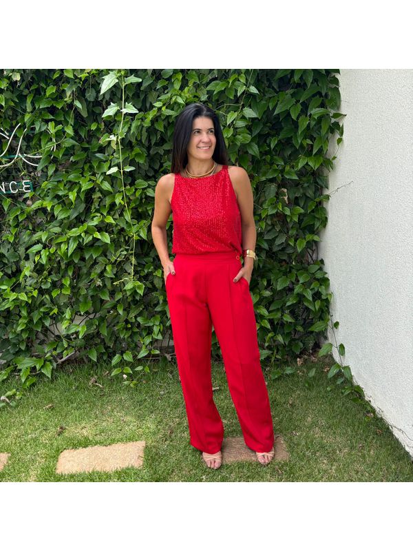 Calça Feminina Alfaiataria Cós de Pregas - Vermelho
