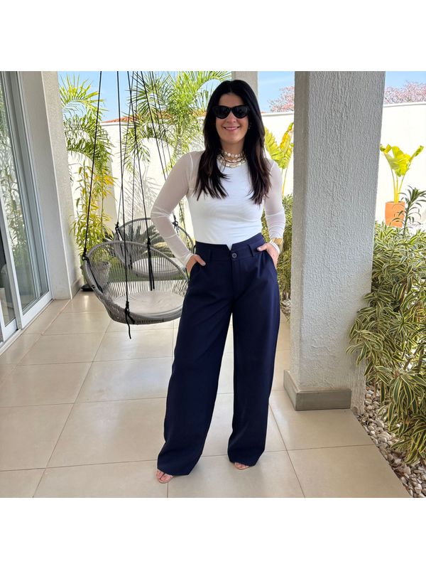 Calça Feminina Alfaiataria Detalhe Cós - Marinho