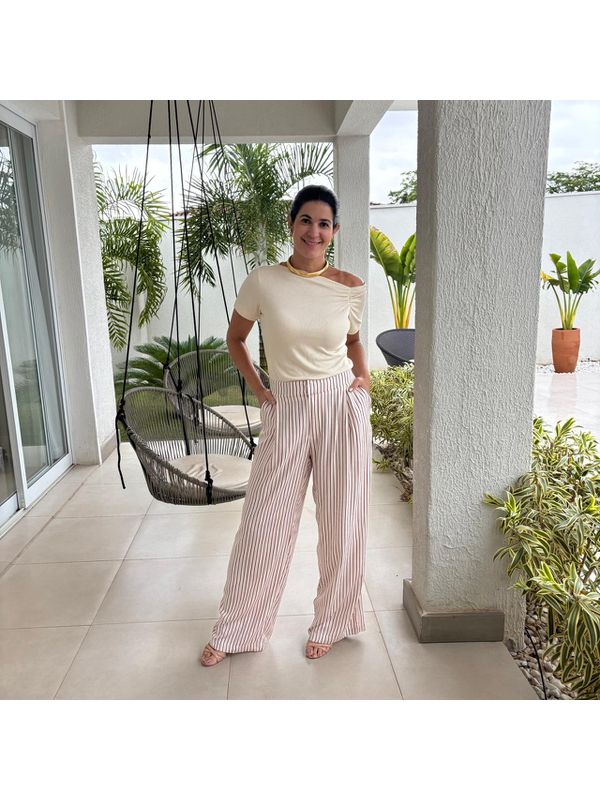 Calça Feminina Pregas Listras - Marrom