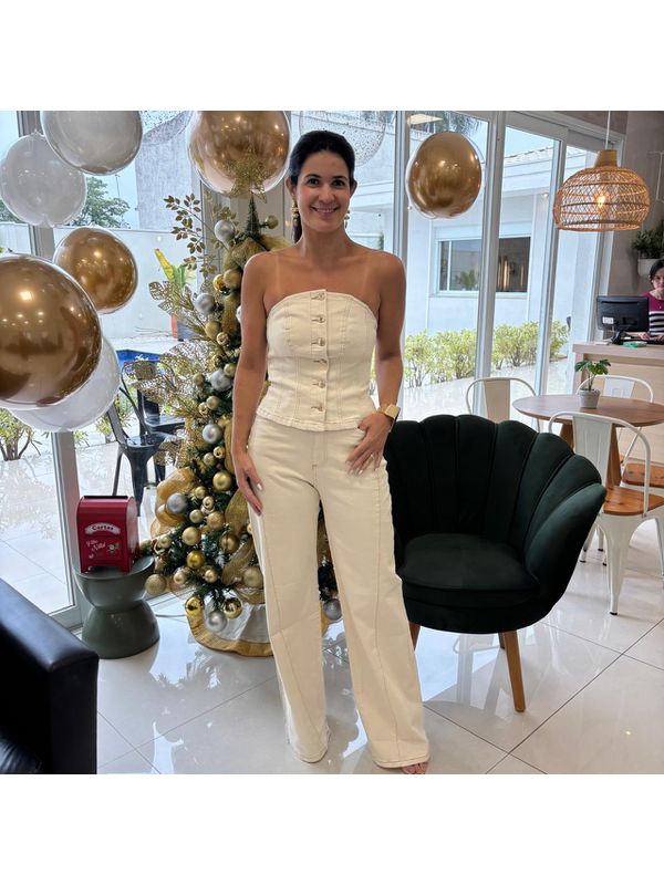 Calça Feminina Wide Leg Sarja Recortes - Natural