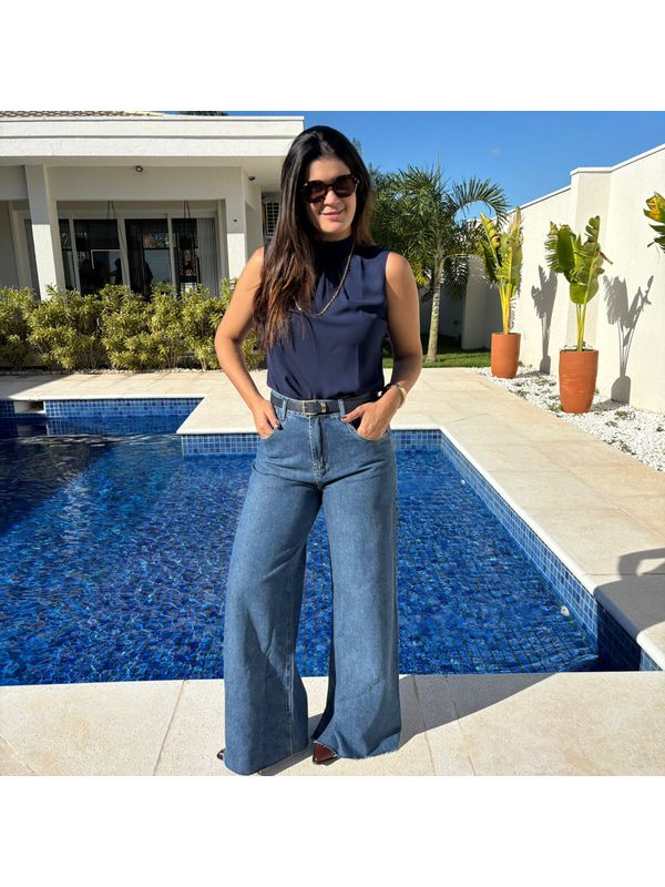 Calça Jeans Feminina Wide Leg com Fenda - Escura