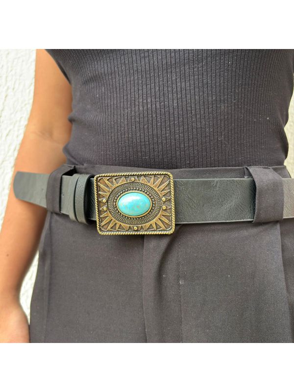 Cinto Feminino - Preto com Pedra Turquesa