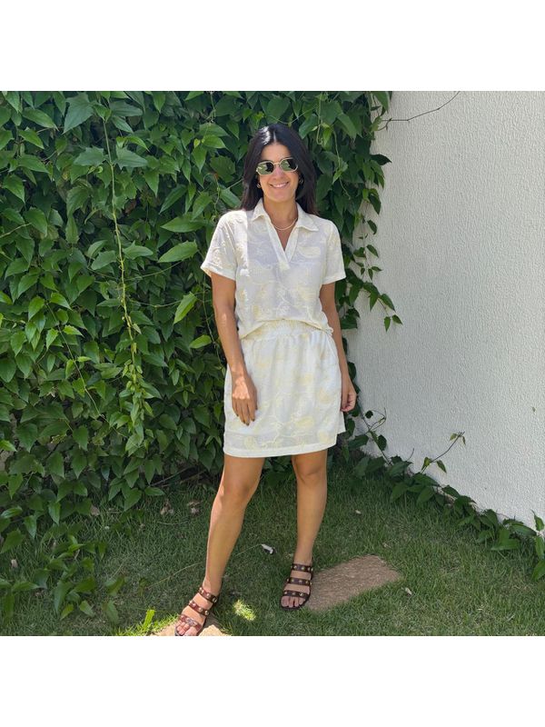 Conjunto Feminino Crochê Polo e Shorts Saia - Off White 