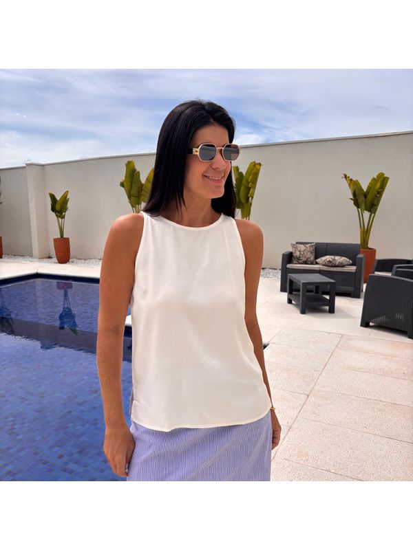 Regata Feminina Viscose Sarjada com Botão - Off White